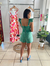 Load image into Gallery viewer, Green acid ruffle sleeve romper
