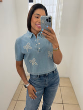 Load image into Gallery viewer, Rhinestone ribbon detail denim top
