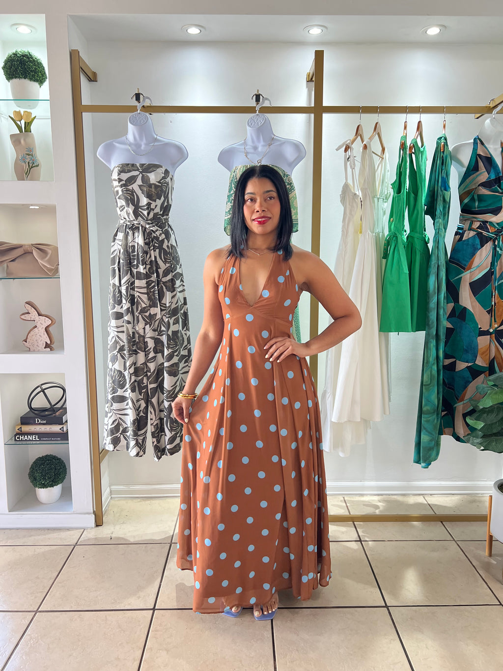 Brown Blue Polka Dots Maxi Dress