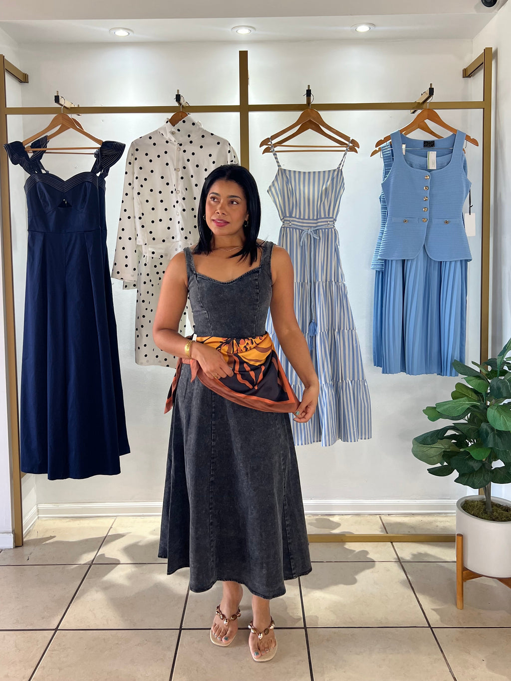 Black Acid Wash Denim Midi Dress with Scarf