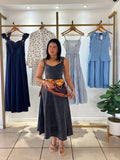 Black Acid Wash Denim Midi Dress with Scarf
