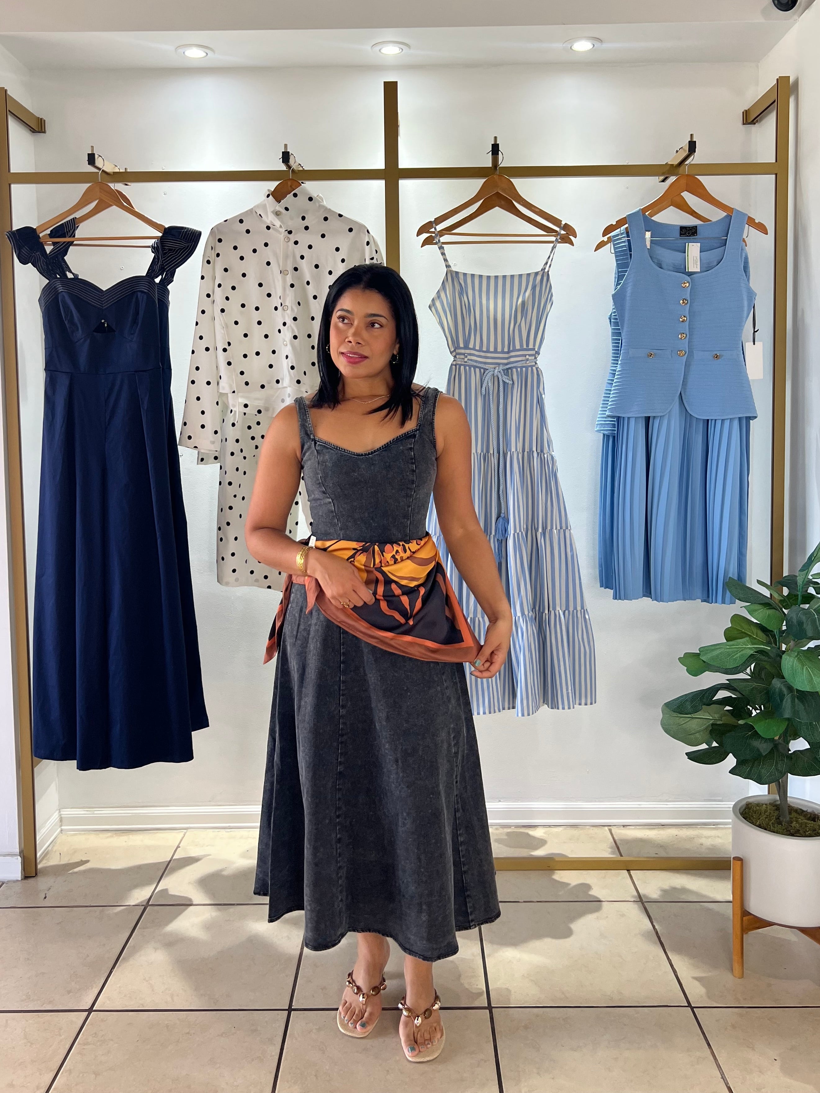Black Acid Wash Denim Midi Dress with Scarf