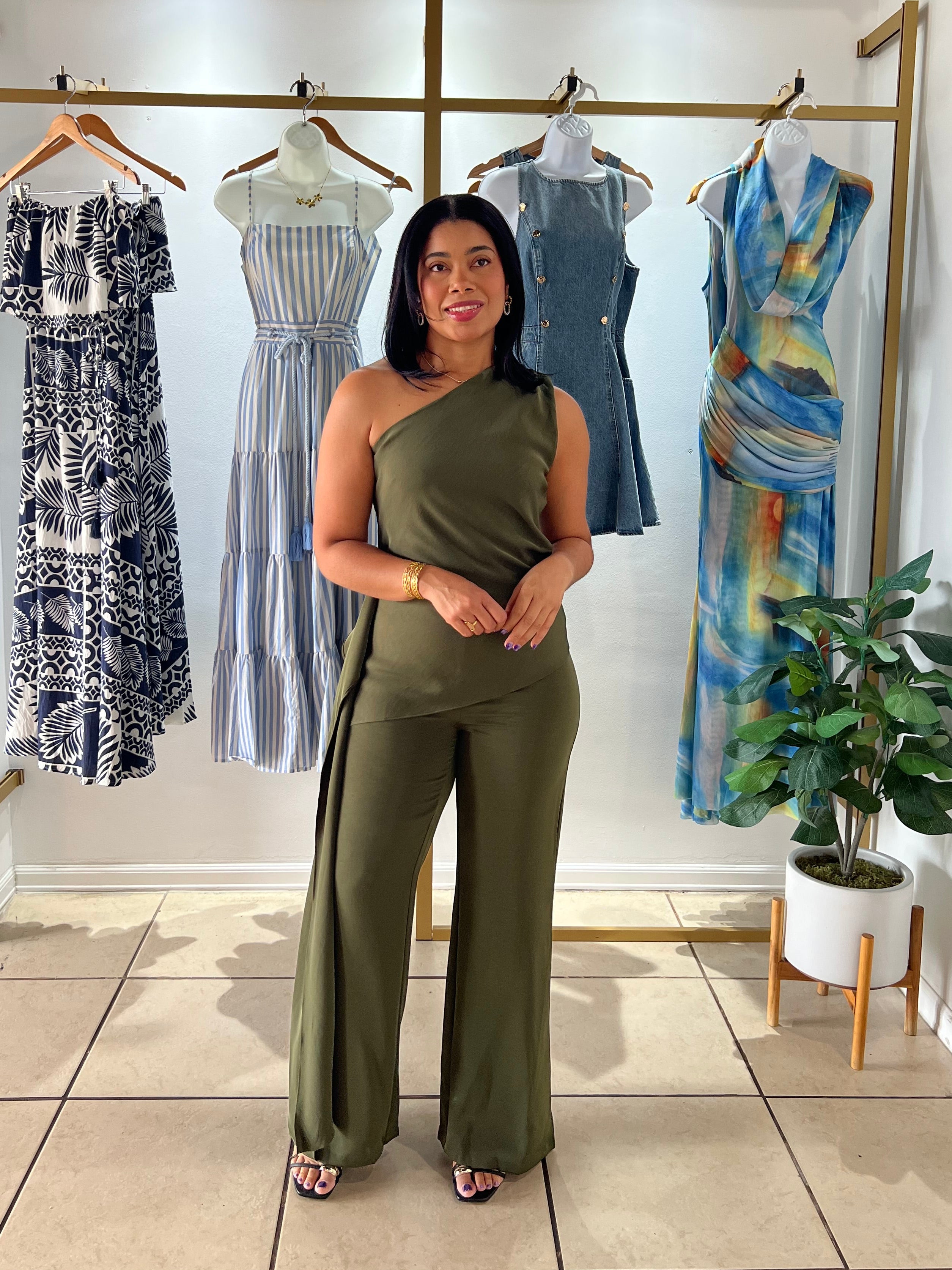 Olive One Shoulder Draped Jumpsuit