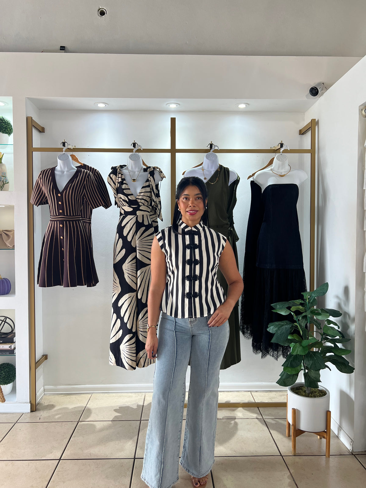 Black Ivory Pin Stripe Peplum Top