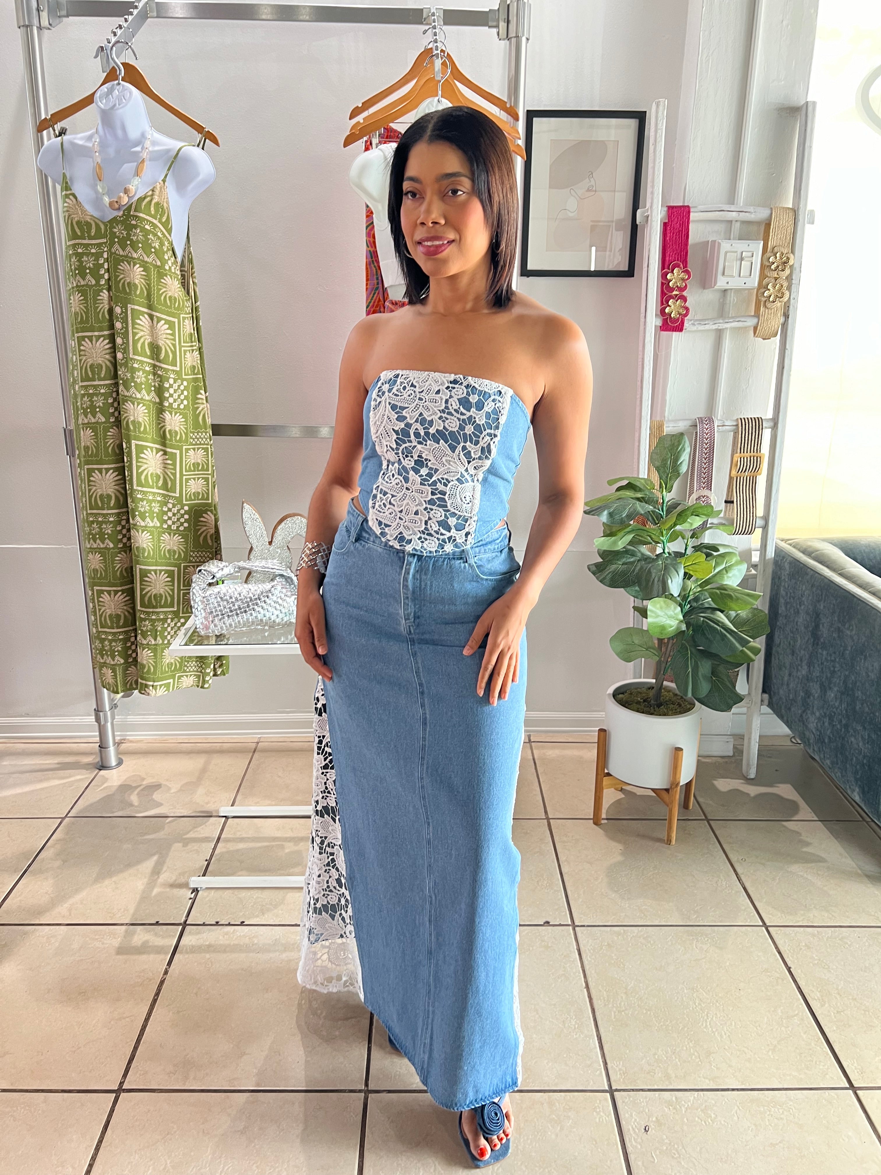 Crochet lace side denim maxi skirt