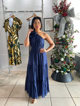 Load image into Gallery viewer, Navy ruffled one shoulder maxi dress
