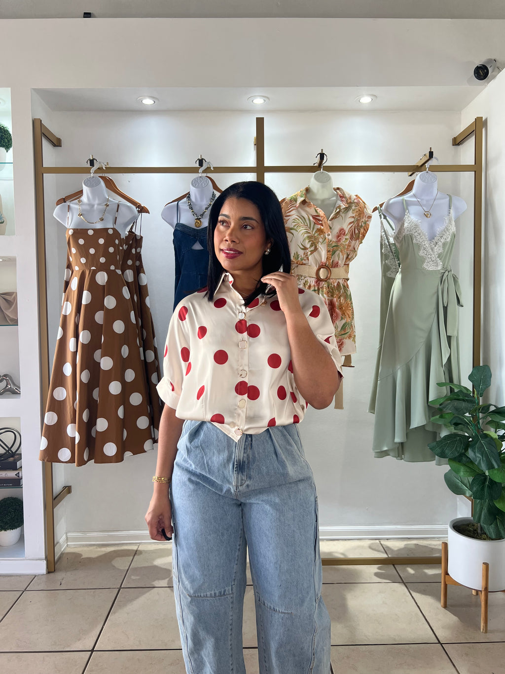 Cream Red Polka Dots Satin Shirt