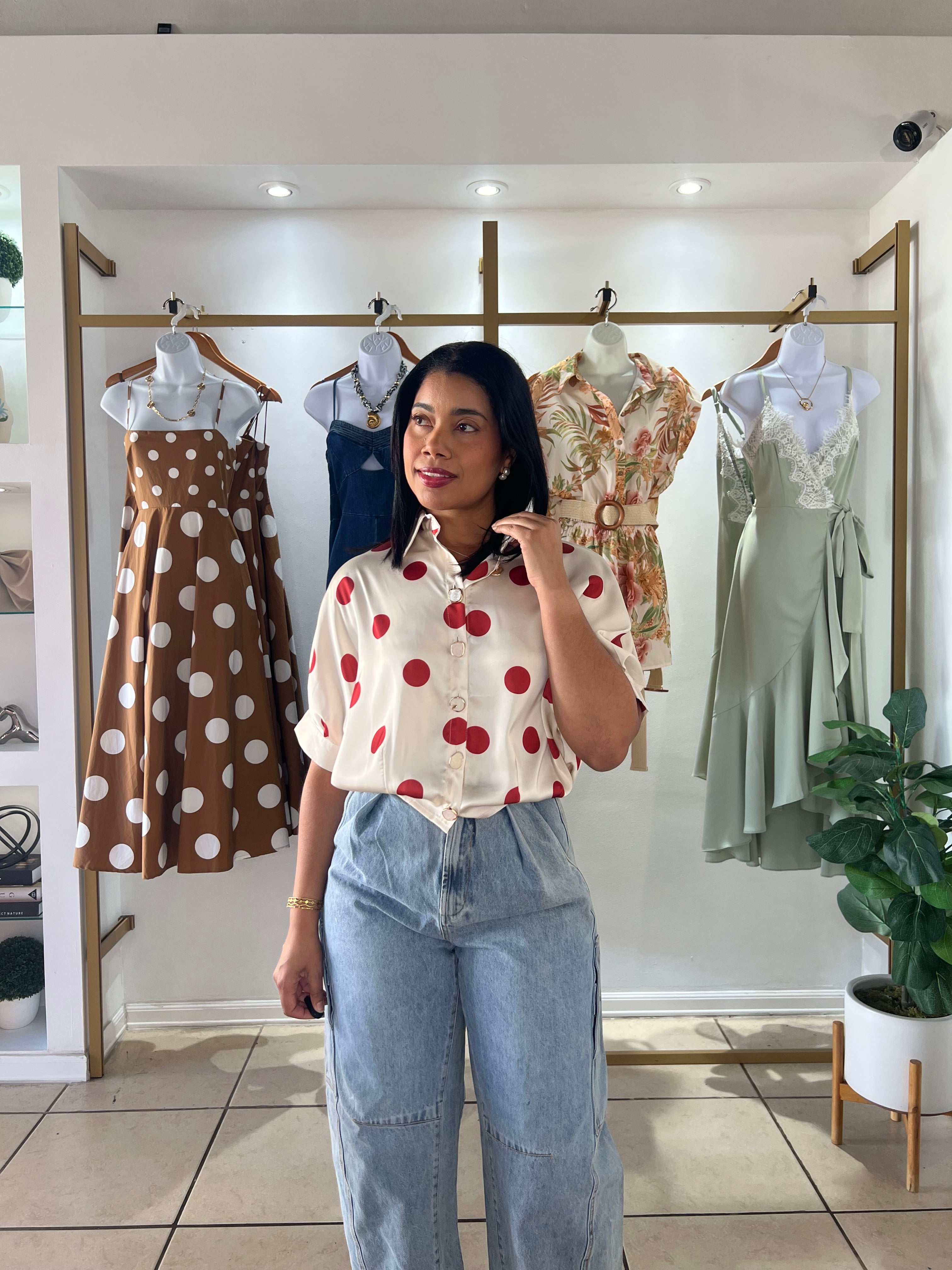 Cream Red Polka Dots Satin Shirt