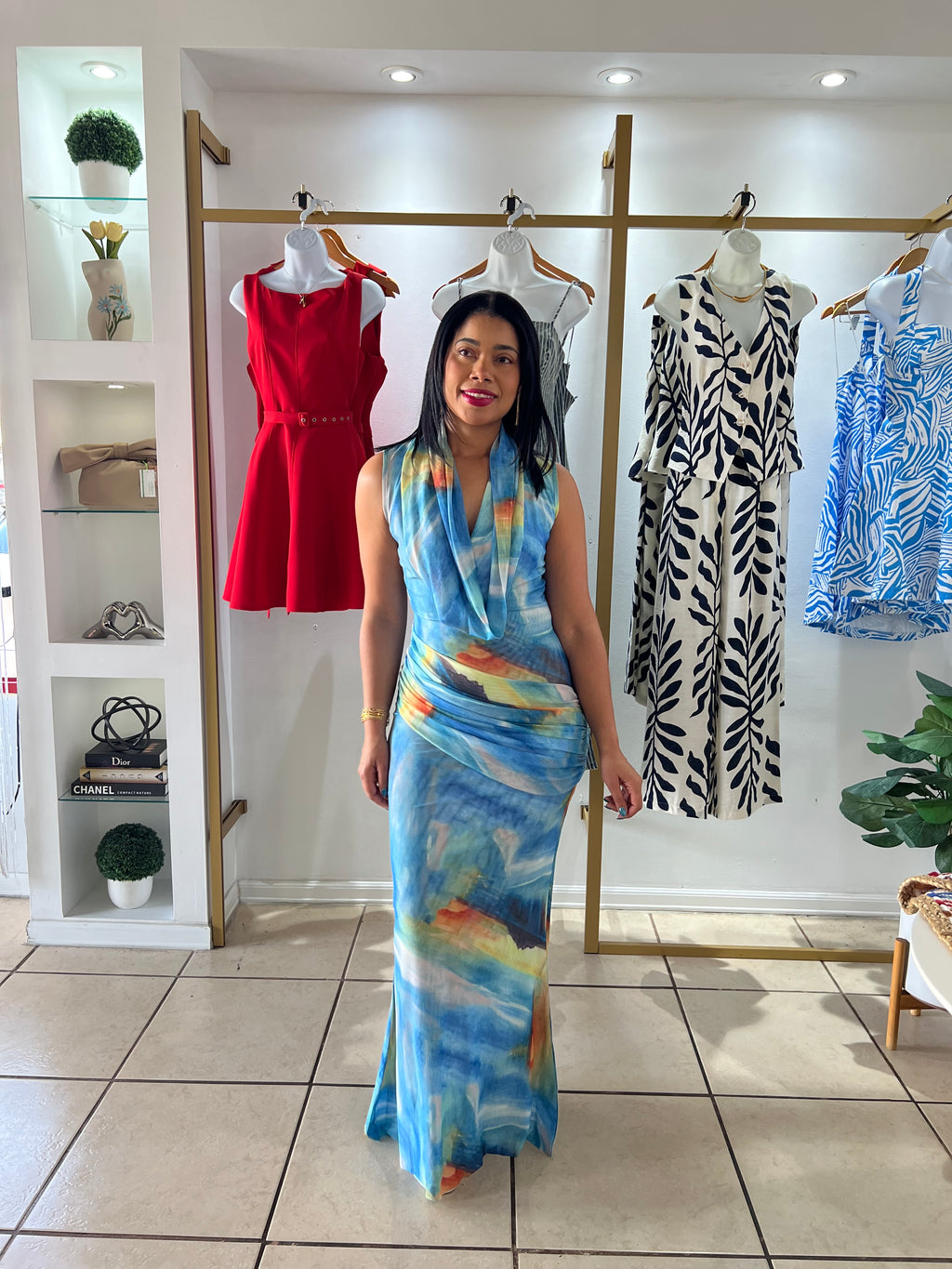 Blue Cowl Neck Mesh Drape Maxi Dress