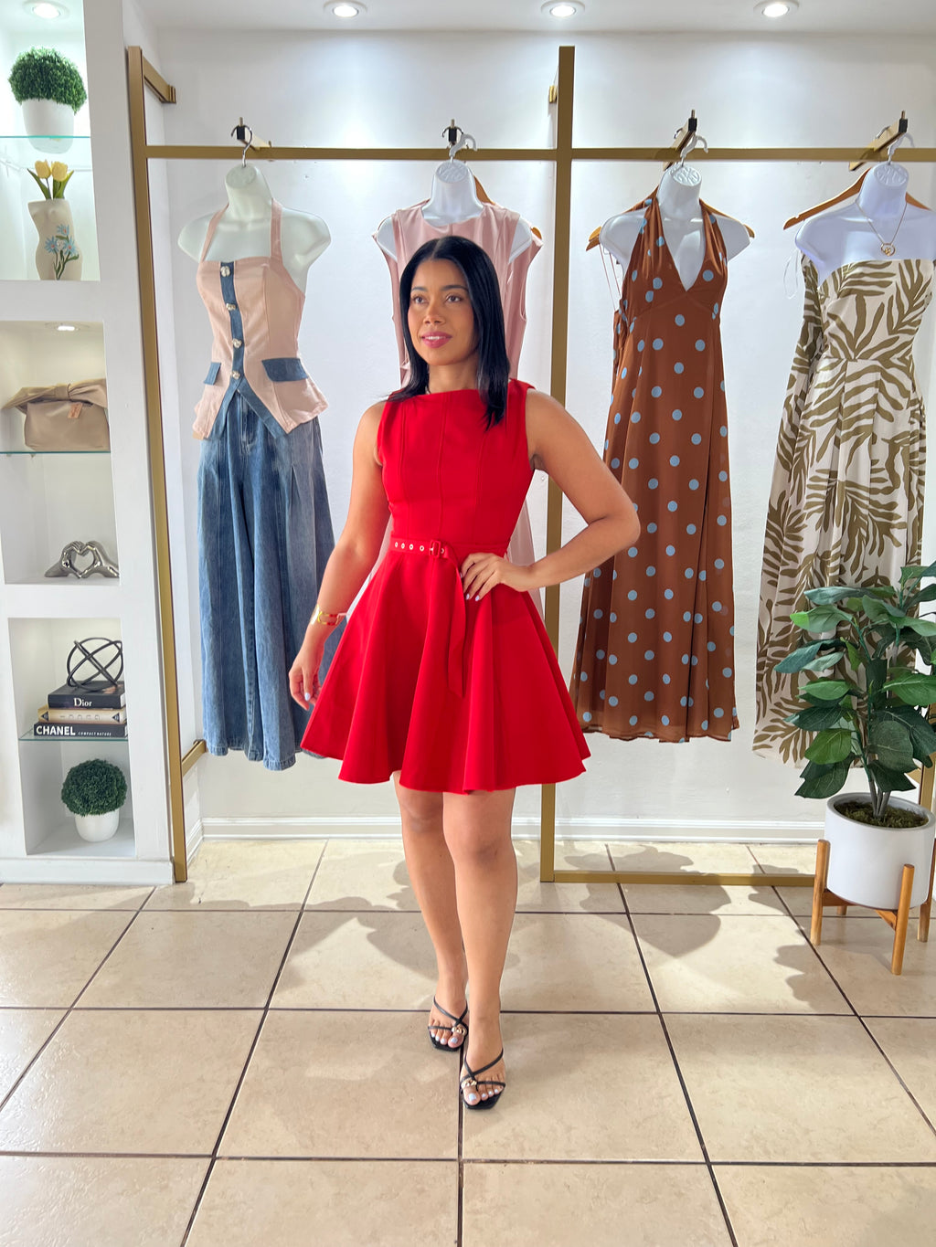 Red Self Belt Mini Dress