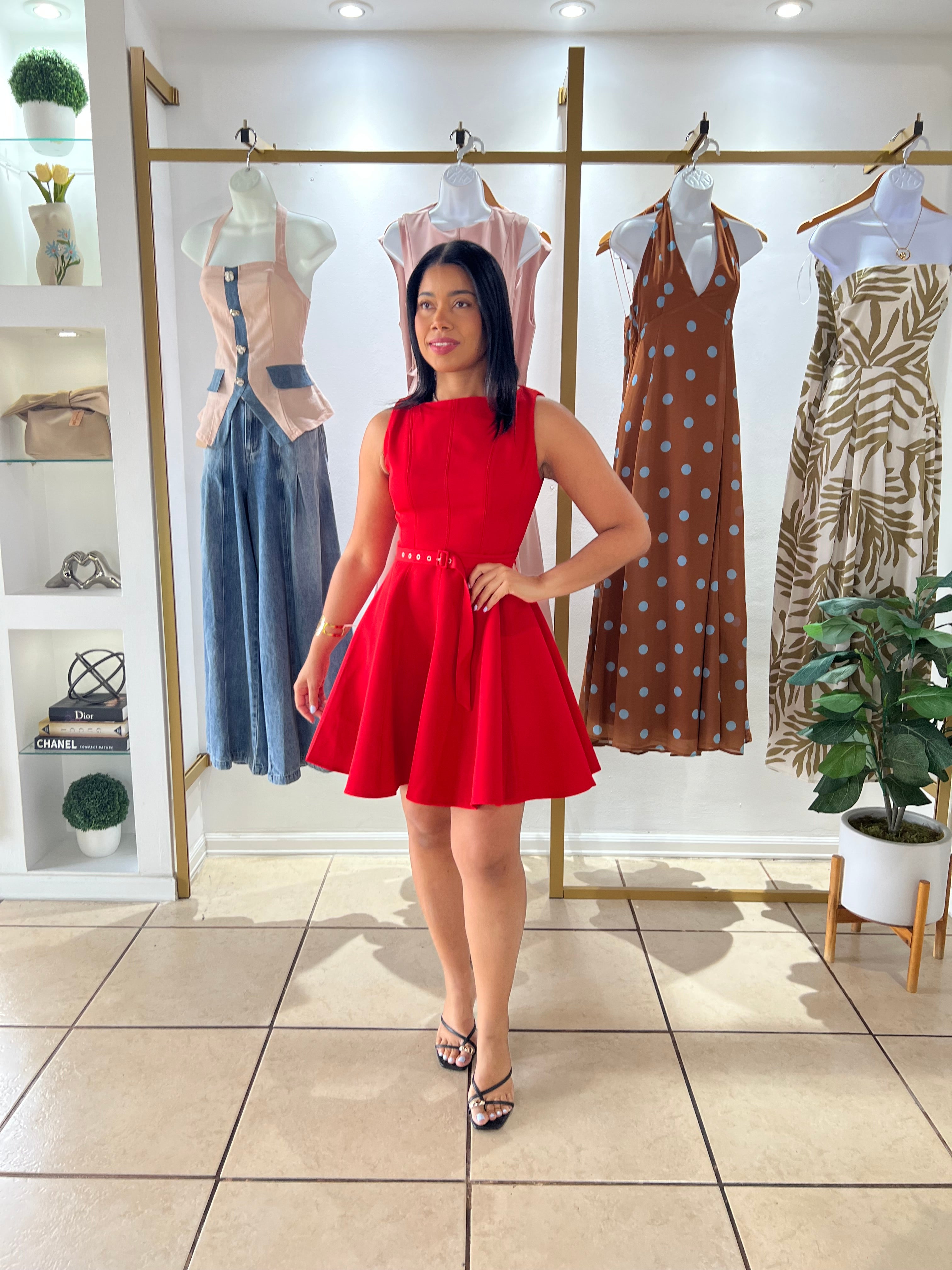 Red Self Belt Mini Dress