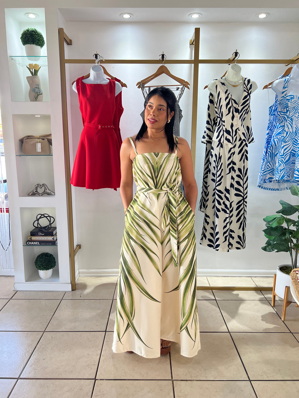 Ivory Palm Leaf Print Jumpsuit