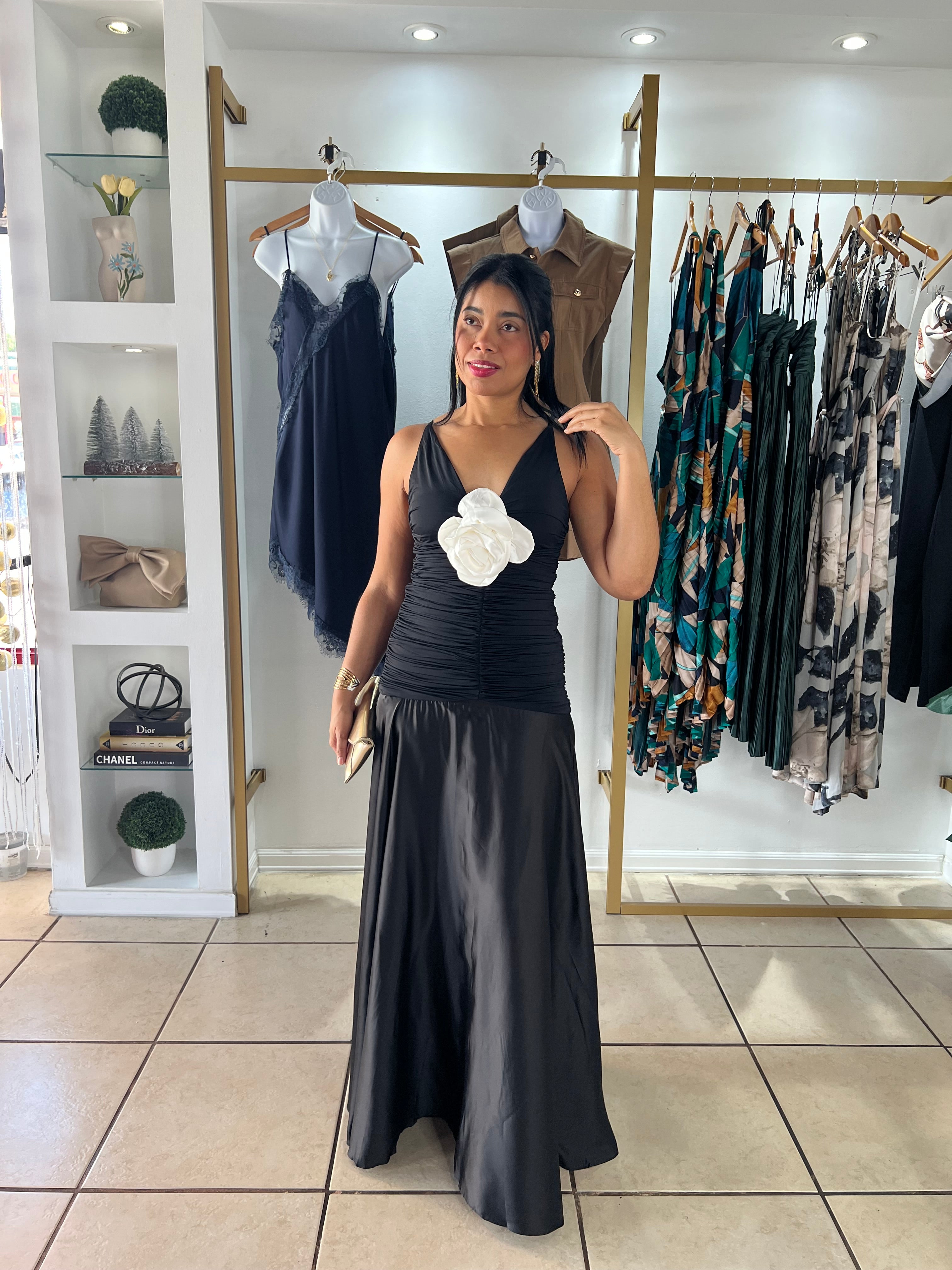 Black Flower Detail Maxi Dress