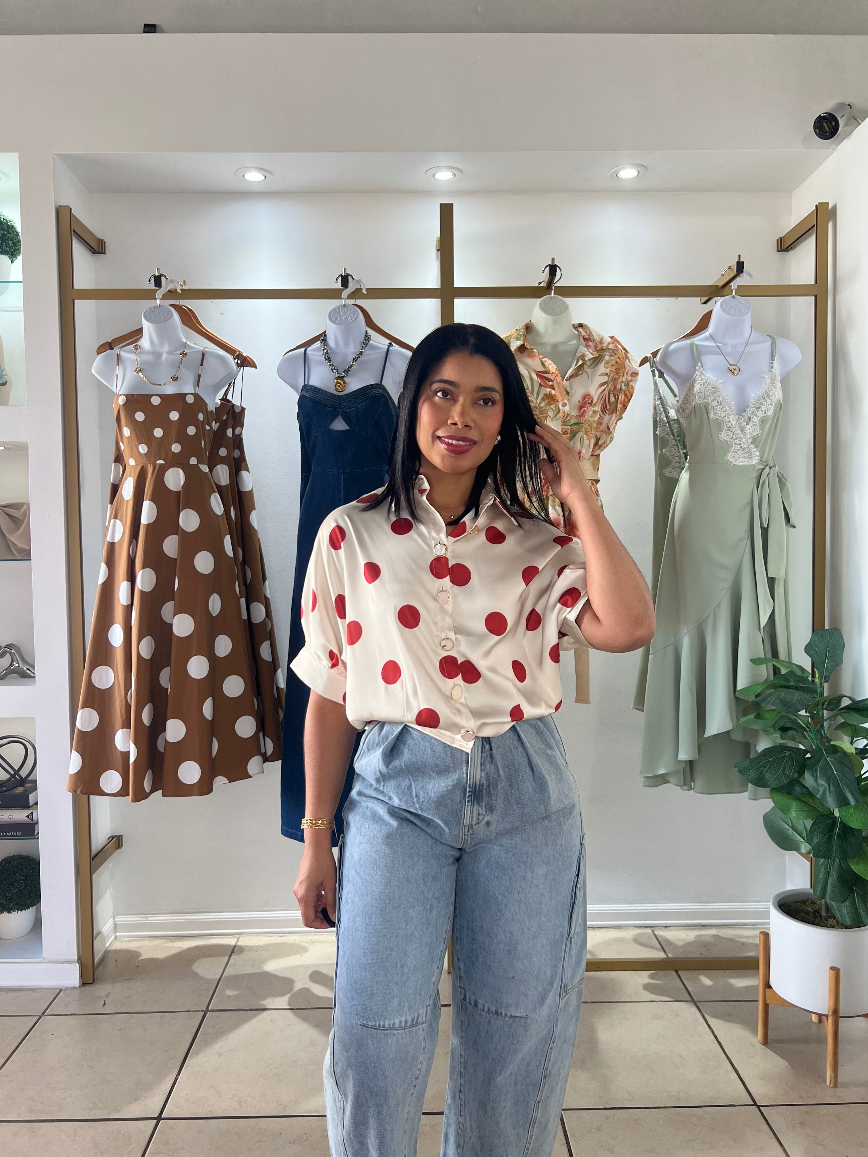 Cream Red Polka Dots Satin Shirt
