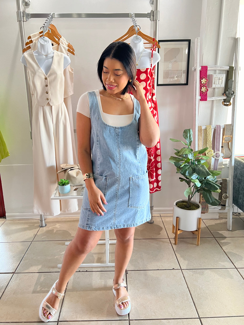 Denim wash overall dress