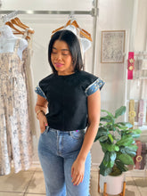 Load image into Gallery viewer, Black Short Denim Sleeve TShirt

