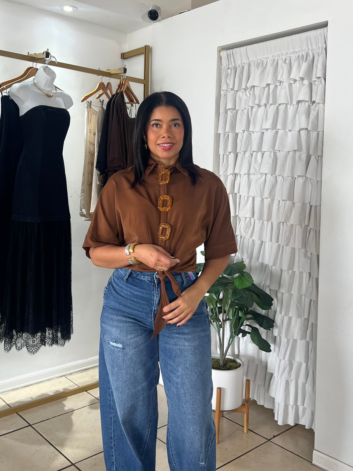 Brown Front Tie Blouse