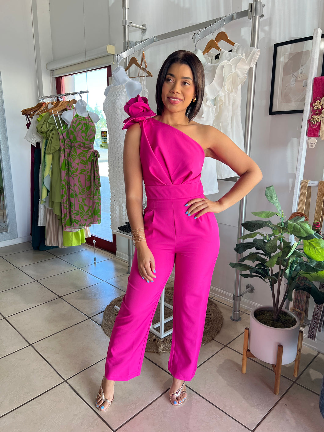 Fuchsia rossette applique jumpsuit