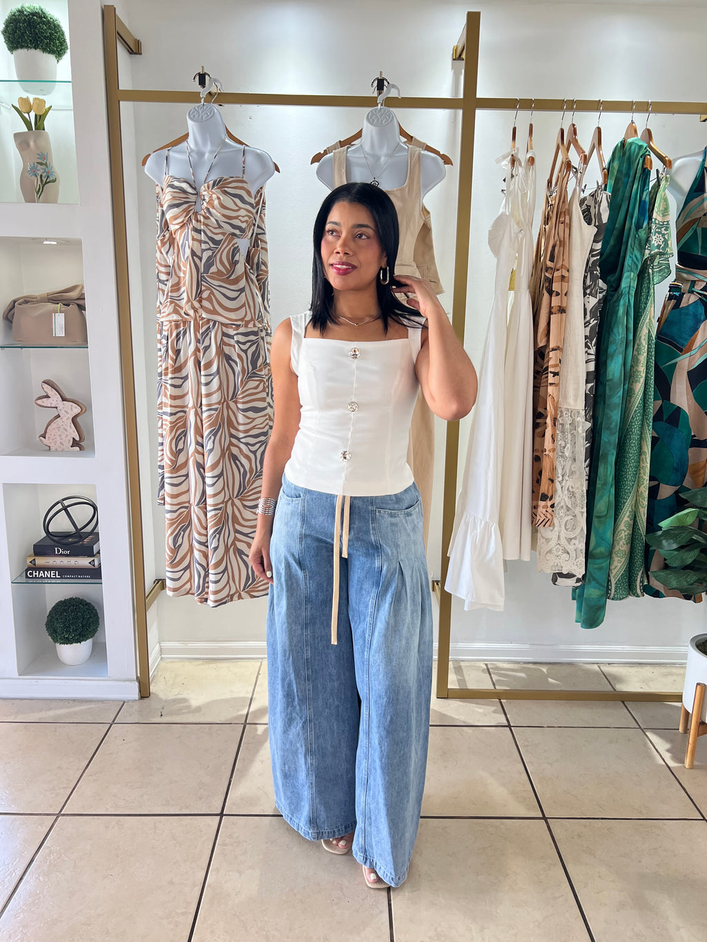 White Crystal Metal Button Top