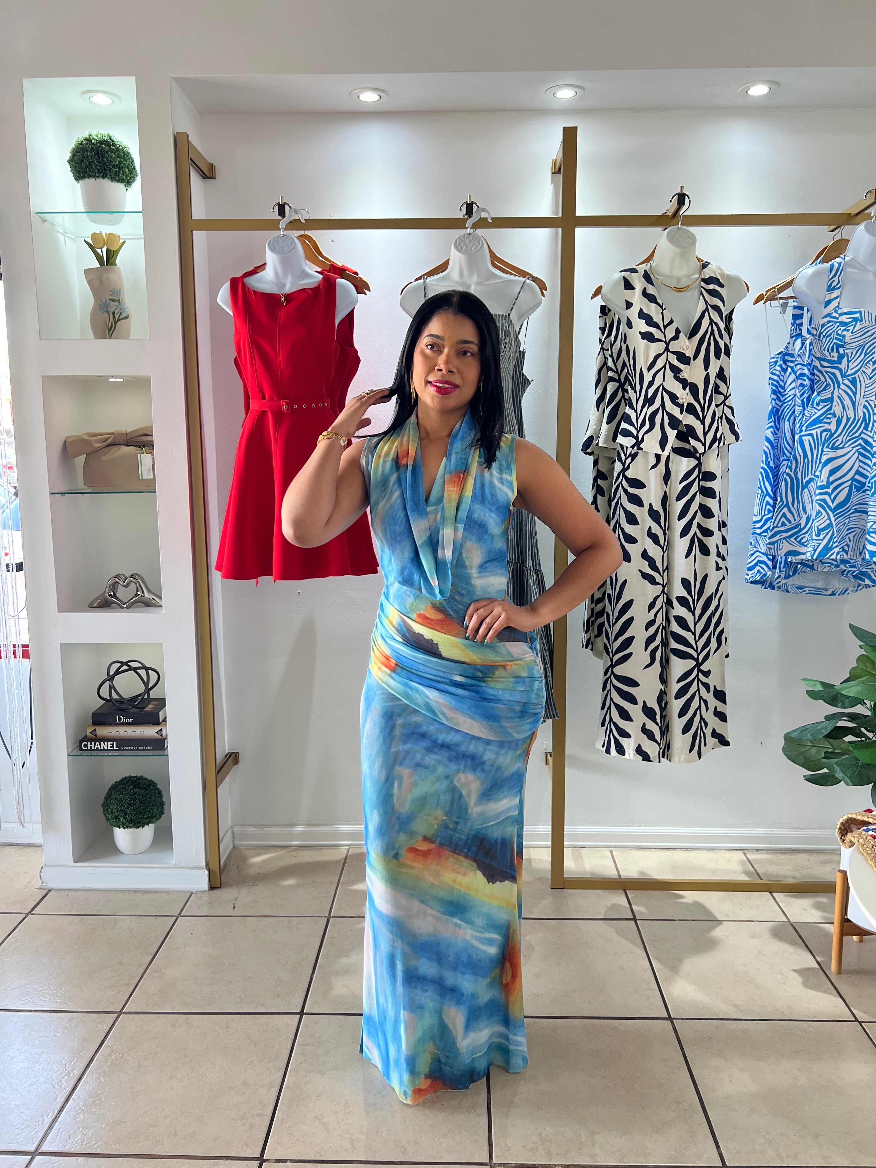 Blue Cowl Neck Mesh Drape Maxi Dress