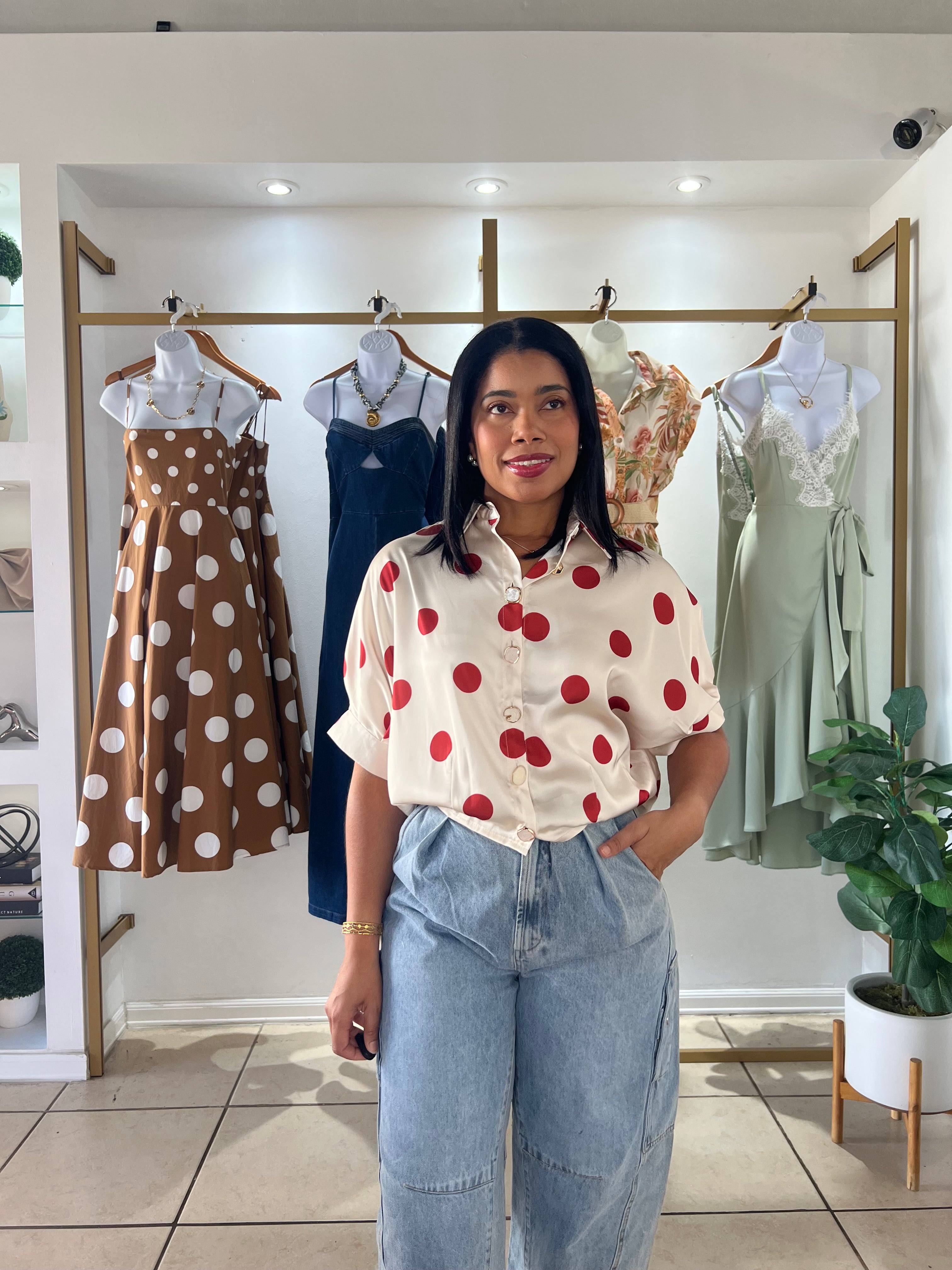 Cream Red Polka Dots Satin Shirt