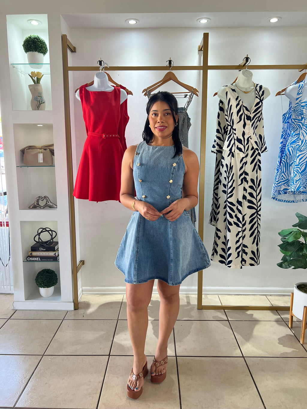 Denim Gold Front Button Detail Mini Dress