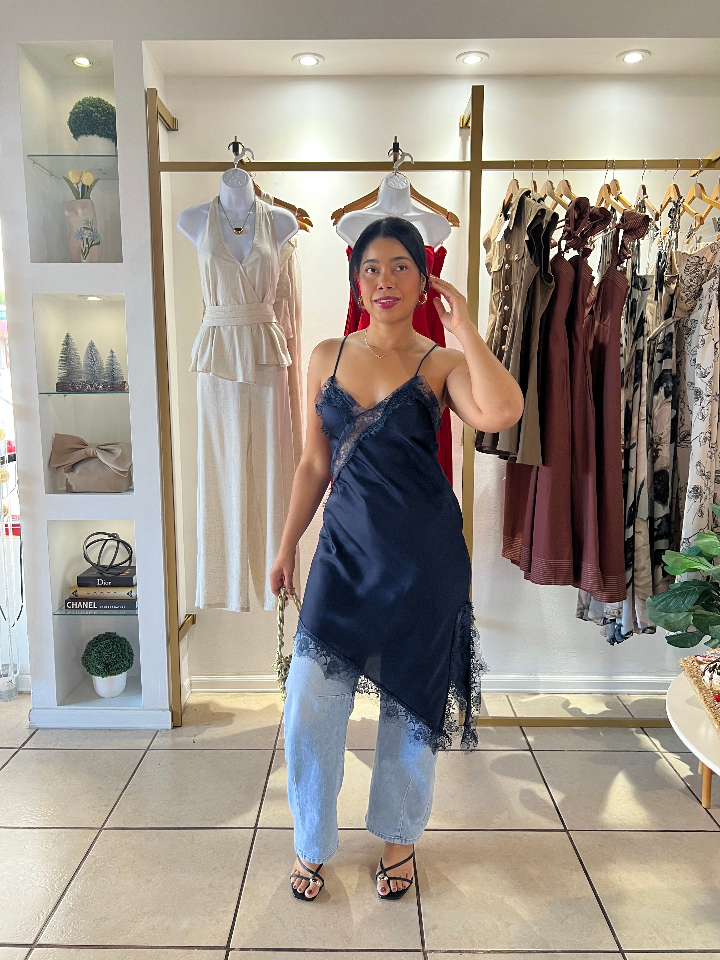 Navy Lace Asymmetrical Tunic Dress
