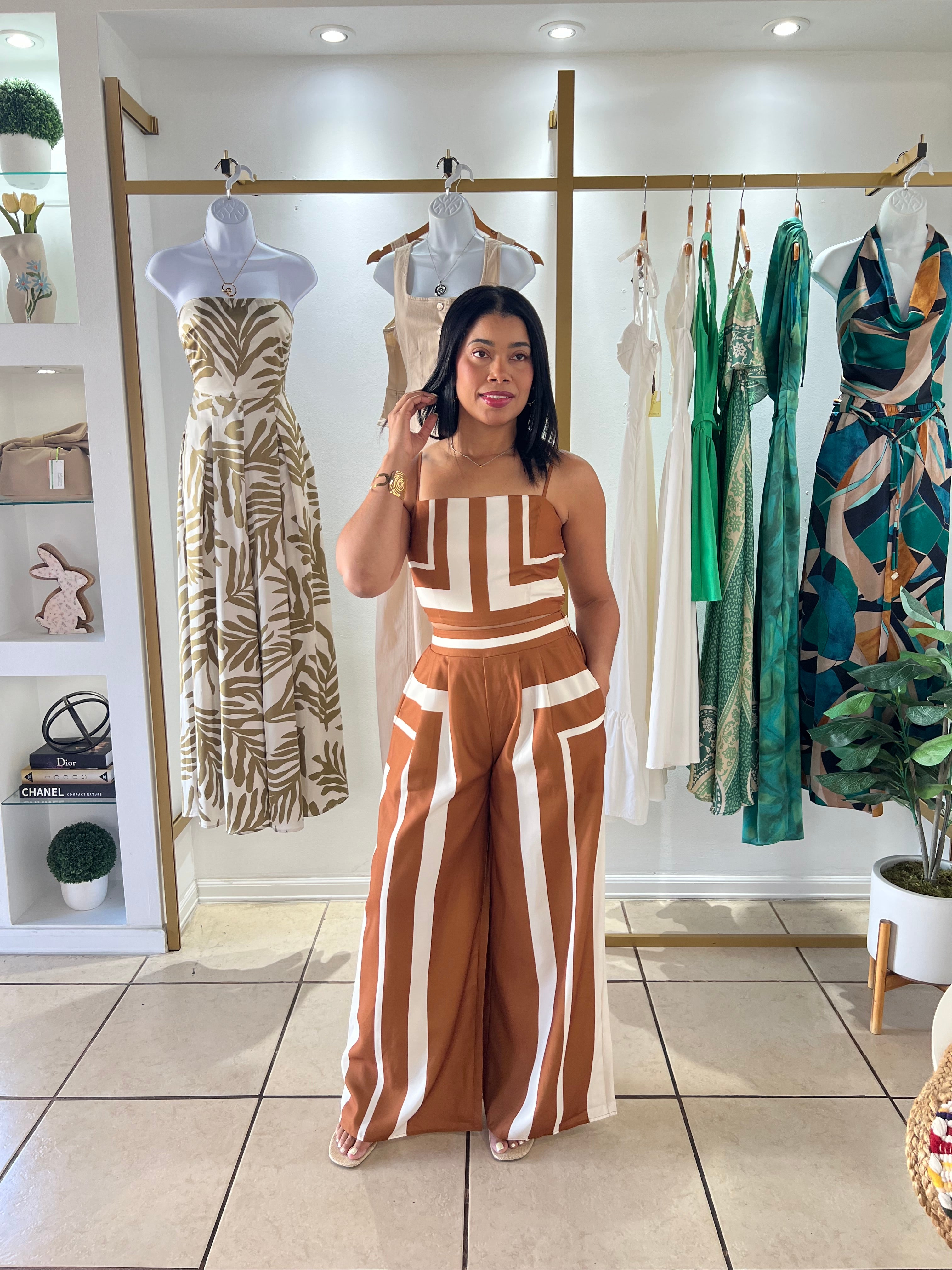 Brown Ivory Print Pant Set