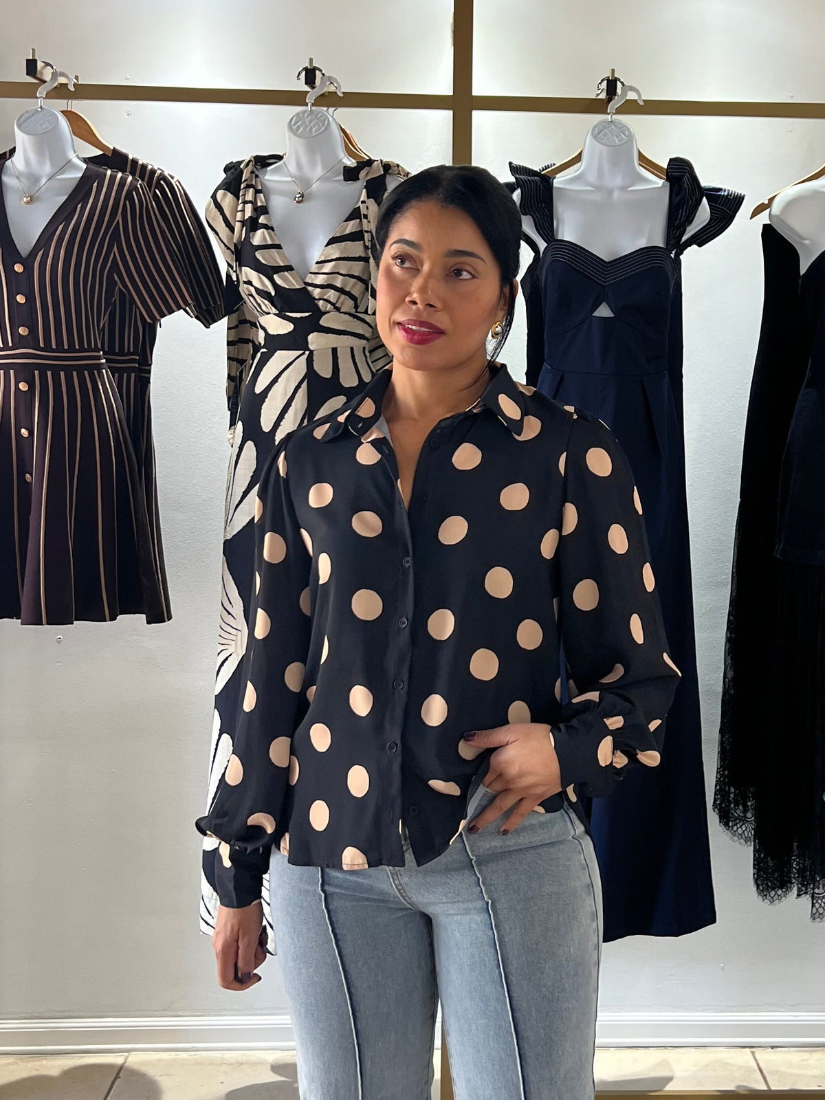 Black Taupe Polka Dots Long Sleeves Blouse