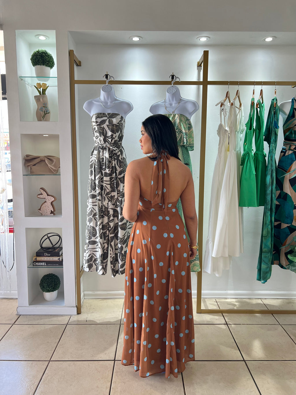 Brown Blue Polka Dots Maxi Dress