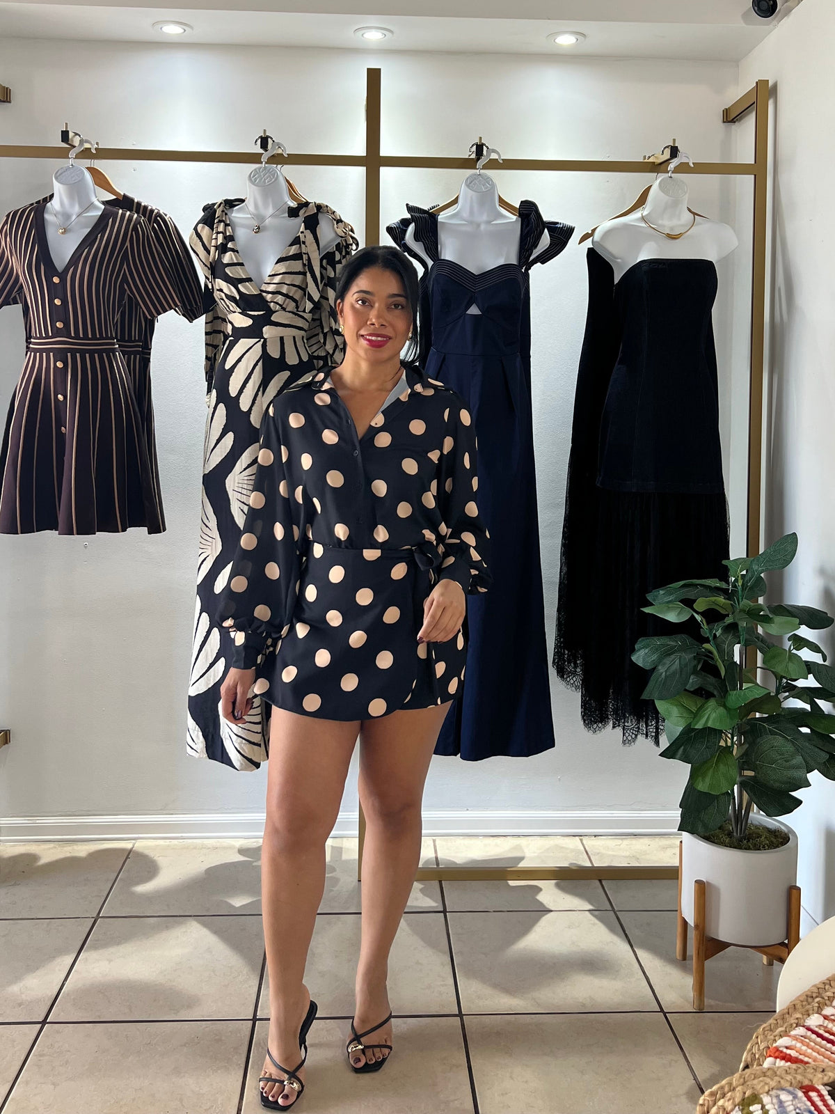 Black Taupe Polka Dots Long Sleeves Blouse