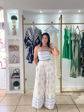 Load image into Gallery viewer, Iris Off White Blue Tie Back Jumpsuit
