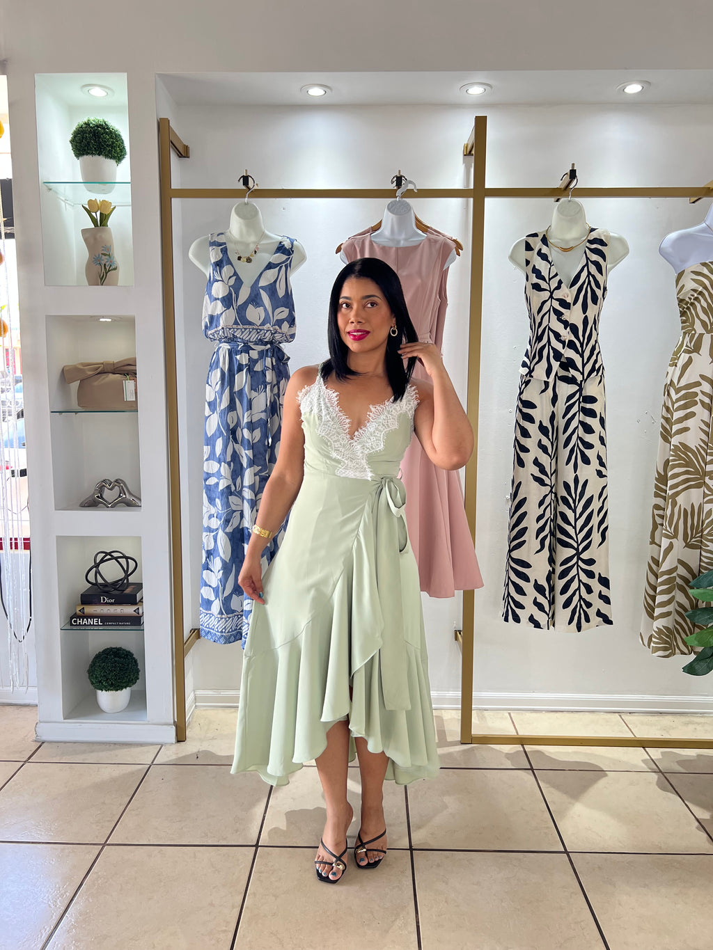 Sage Ivory Lace Trim Wrap Dress