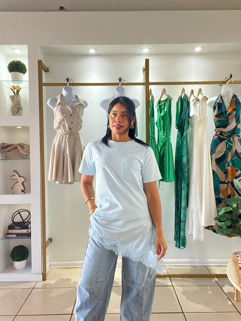 Light Blue Satin Lace Trim T-Shirt