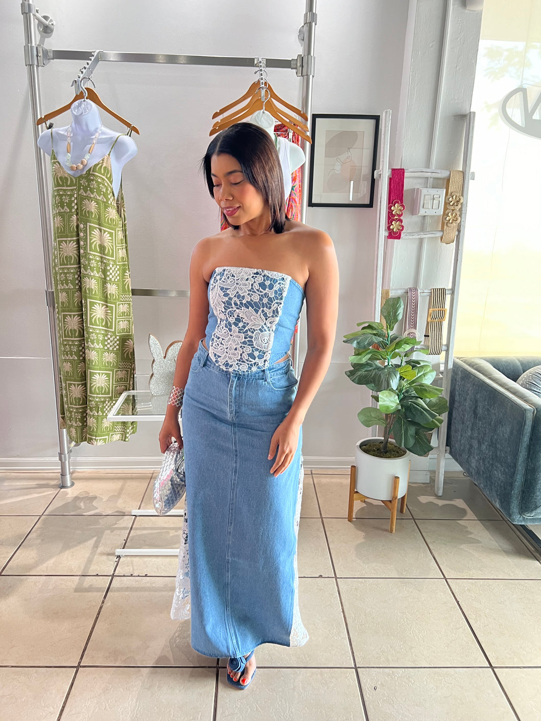 Crochet lace side denim maxi skirt