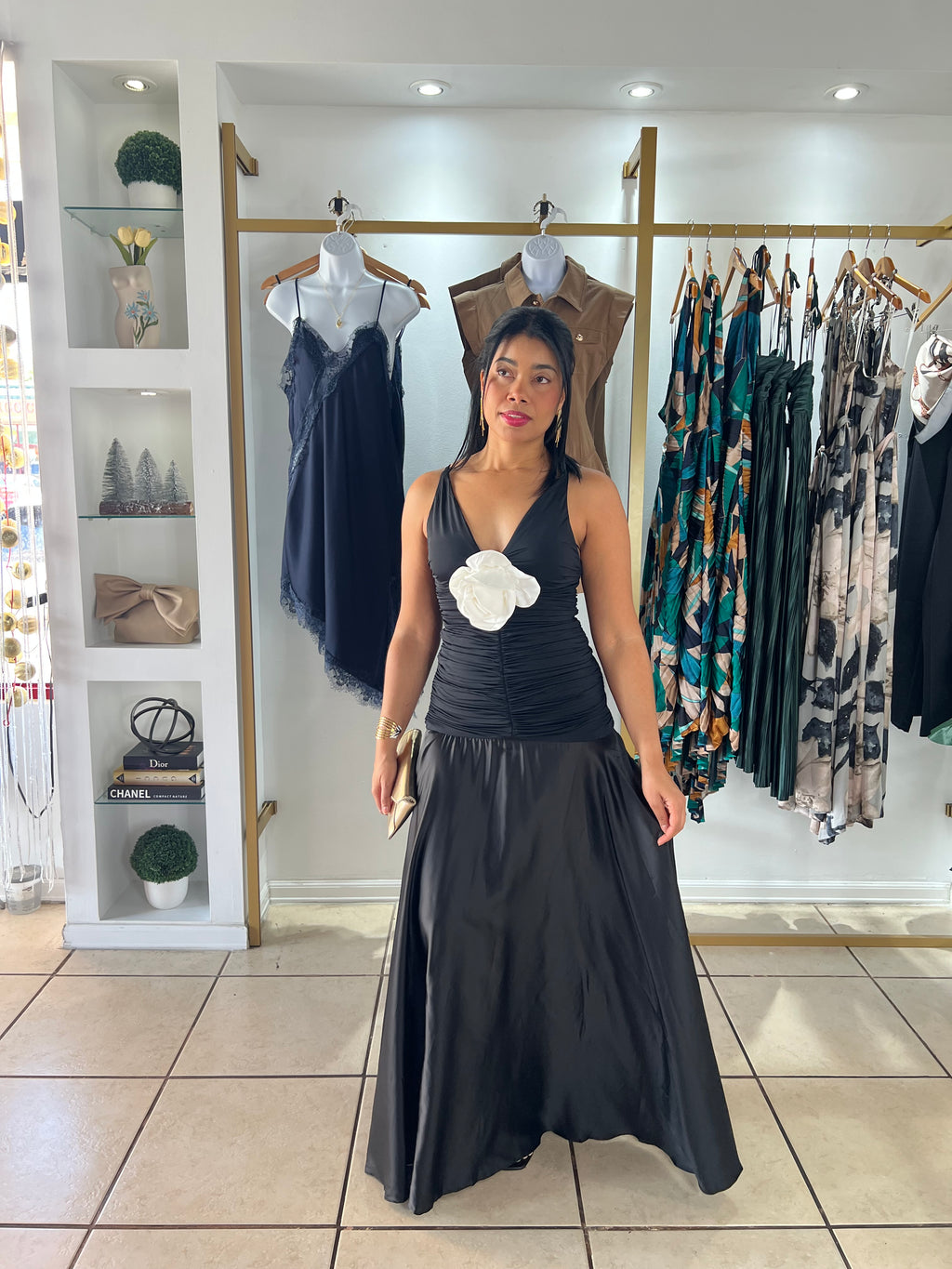 Black Flower Detail Maxi Dress