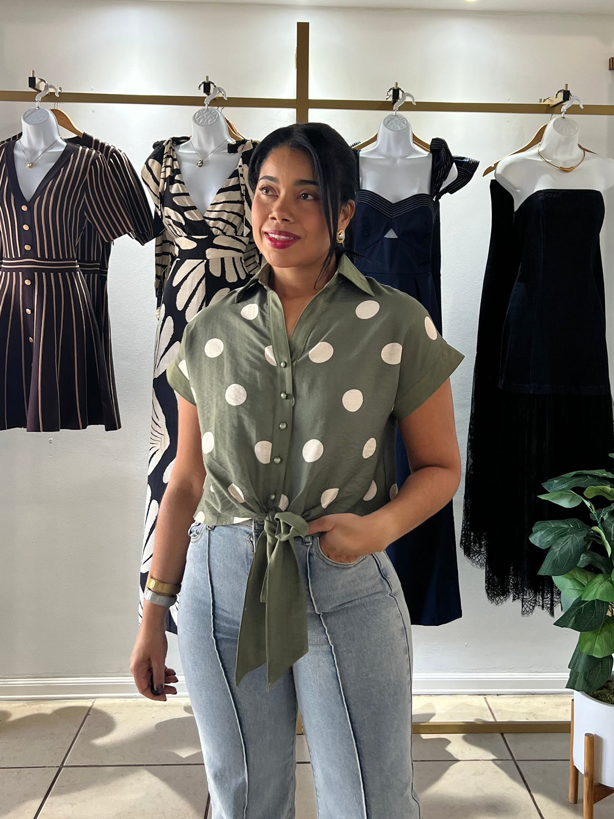 Olive Green Polka Dots Shirt
