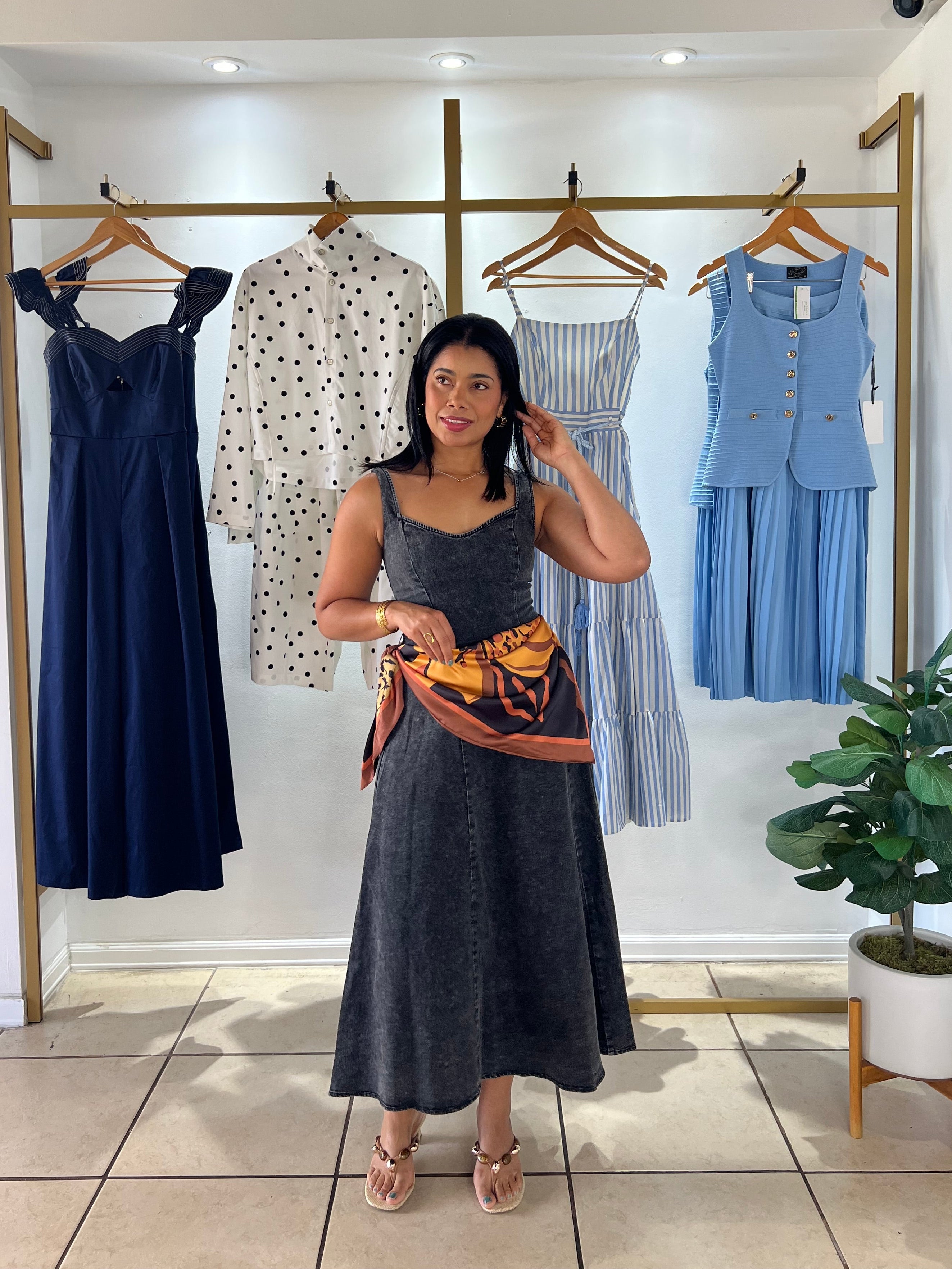 Black Acid Wash Denim Midi Dress with Scarf
