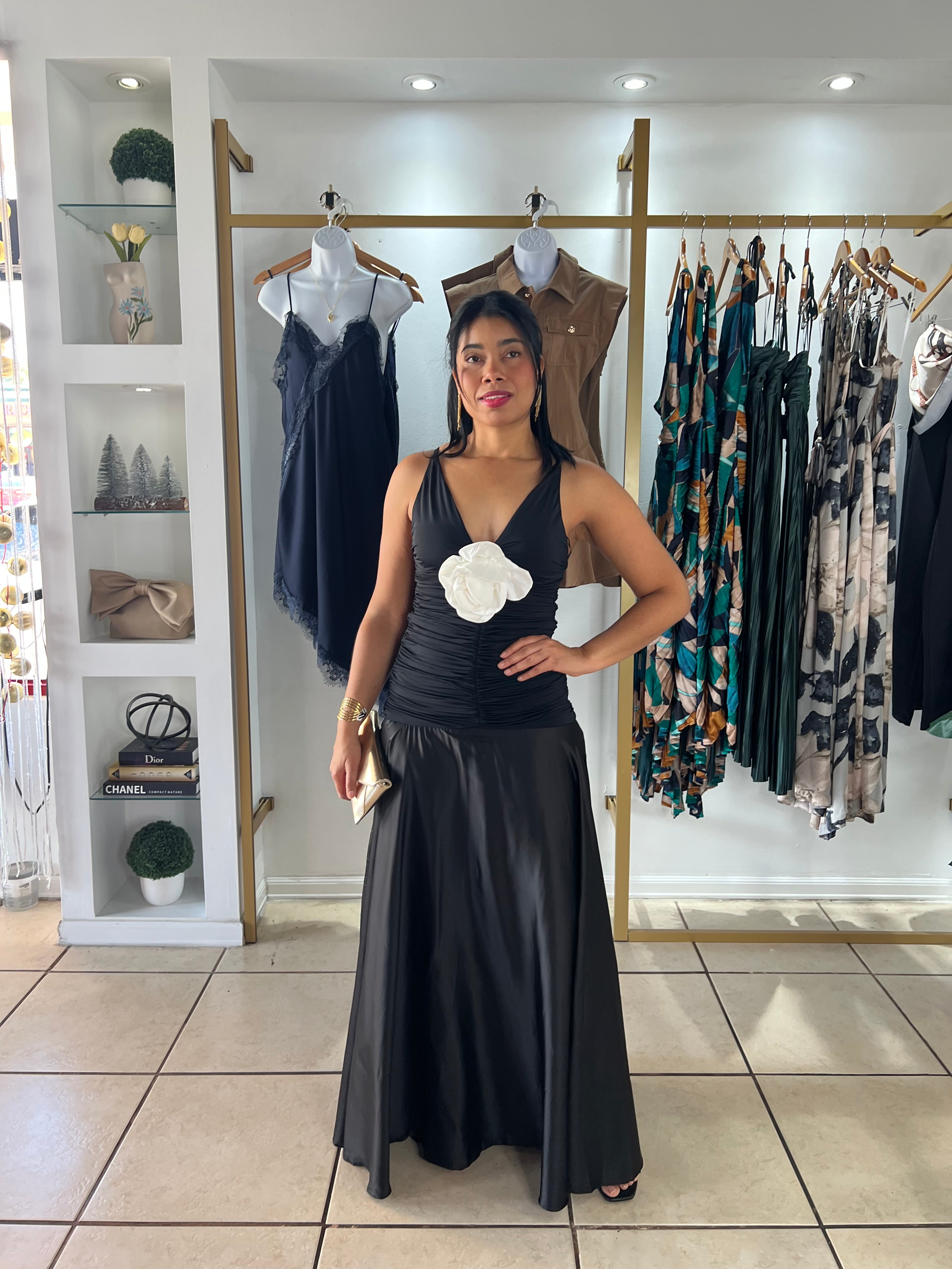 Black Flower Detail Maxi Dress