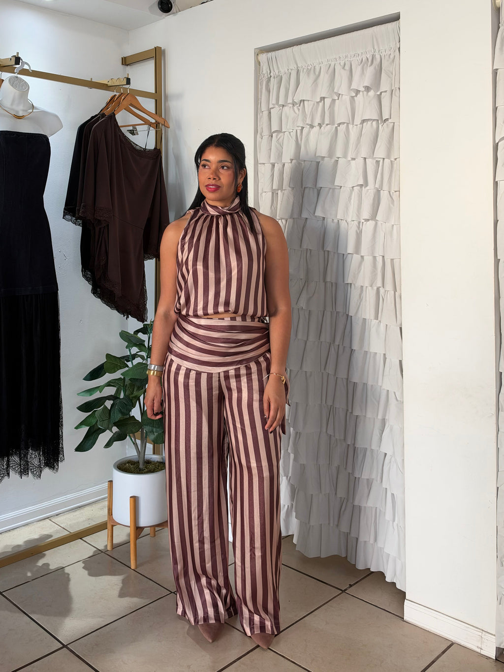 Cafe Striped Satin Pant Set