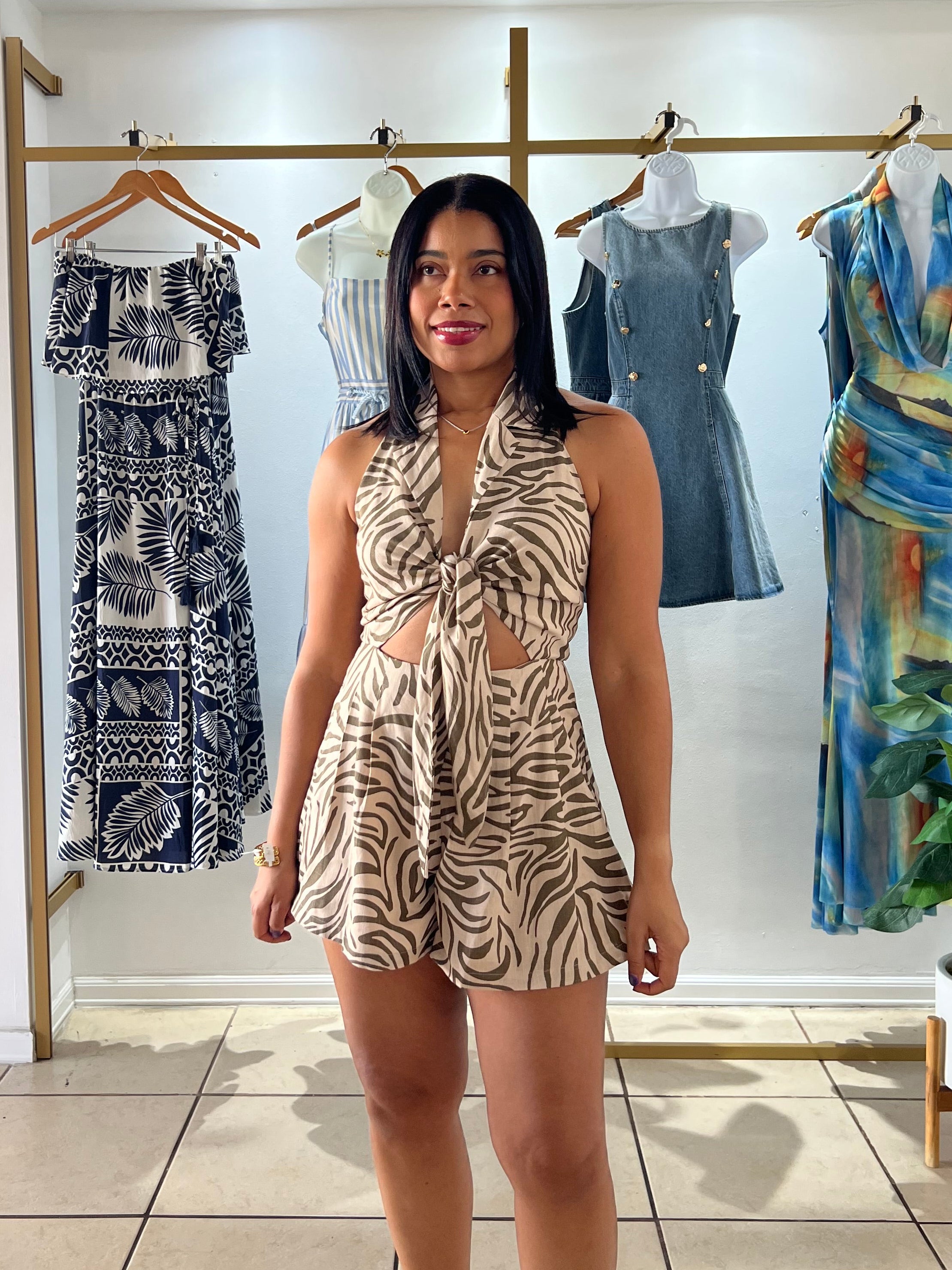 Olive Taupe Zebra Print Tie Front Romper