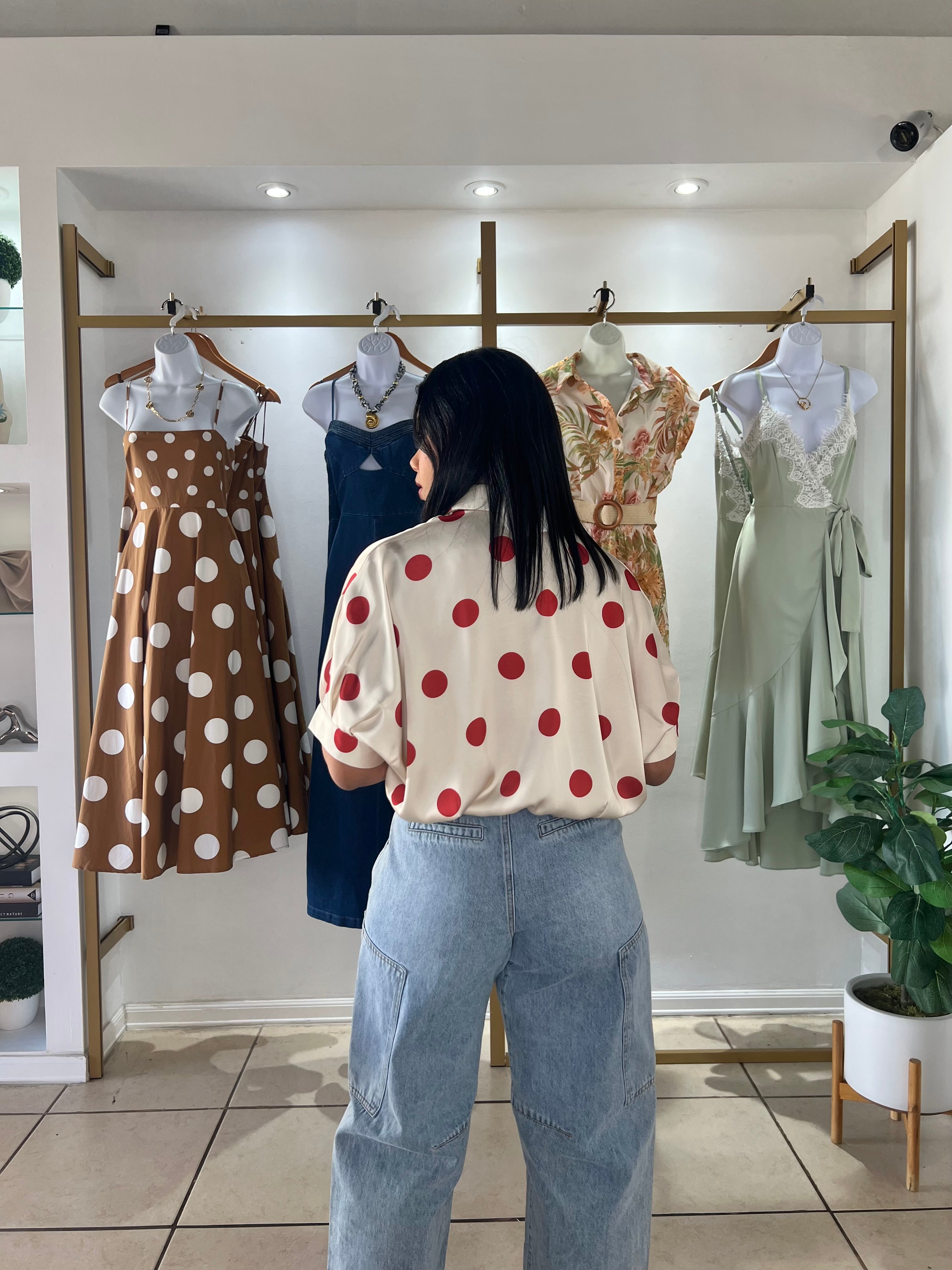 Cream Red Polka Dots Satin Shirt