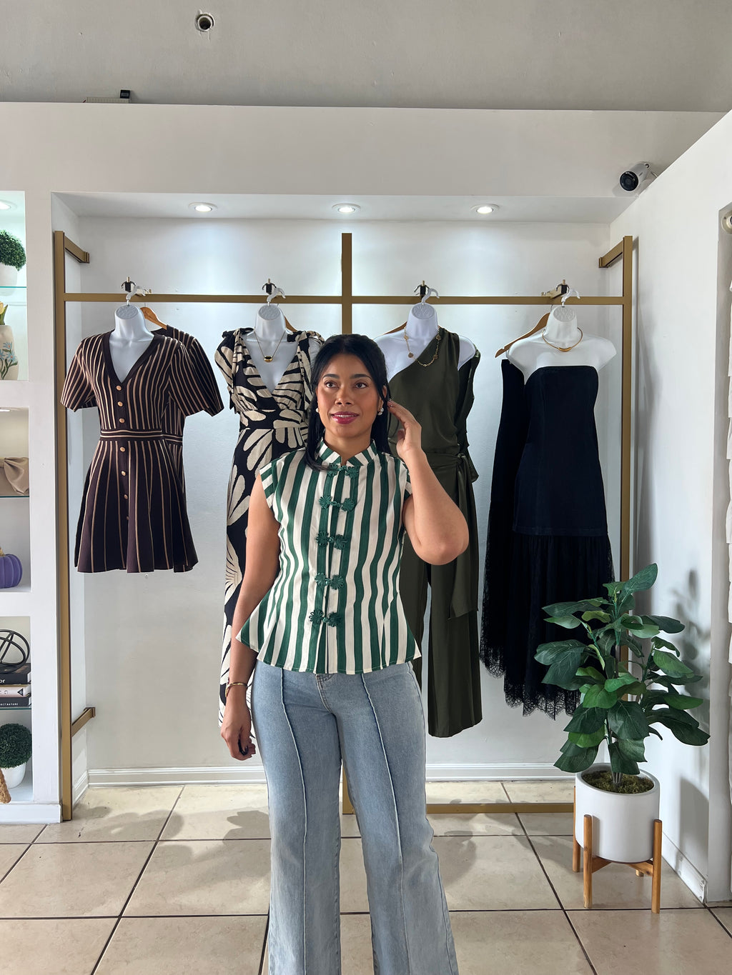 Green Ivory Pin Stripe Peplum Top
