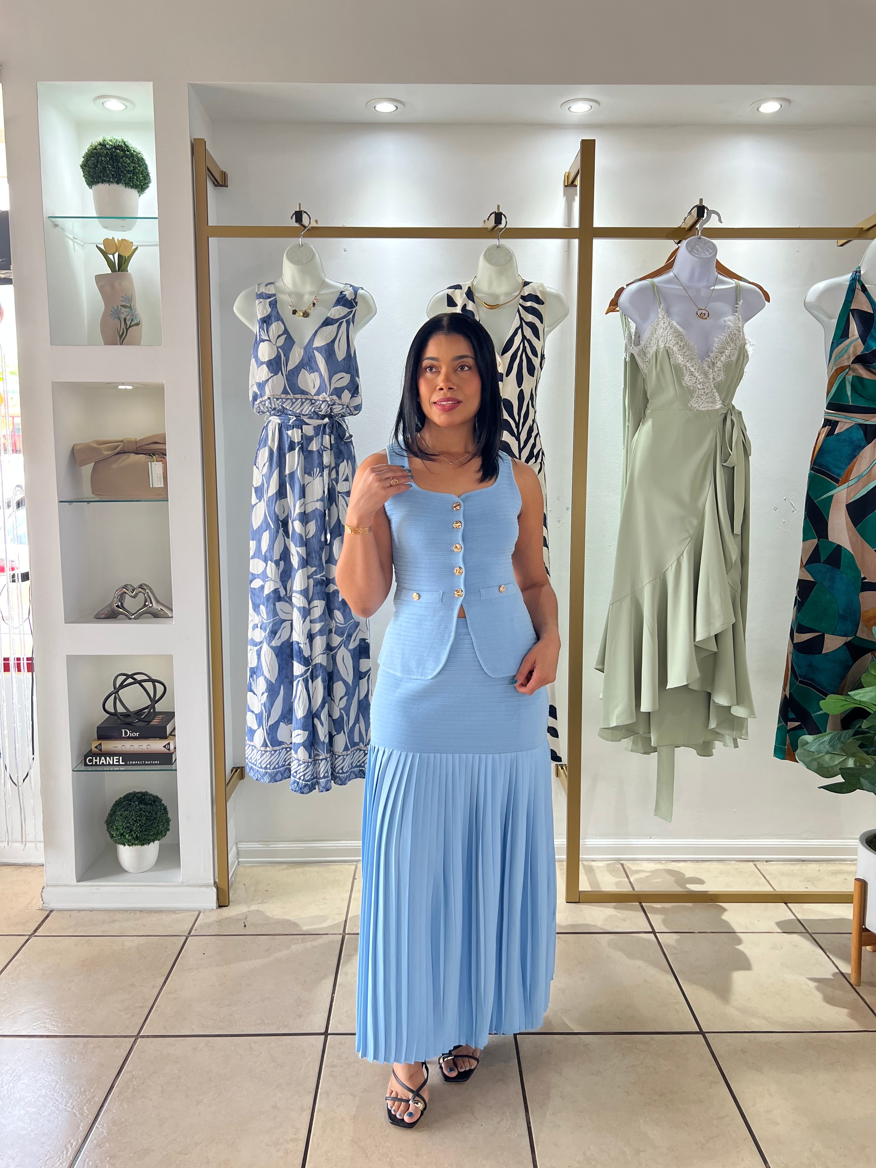 LT Blue Vest and Contrast Pleated Skirt Set