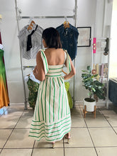 Load image into Gallery viewer, Green/ ivory stripes tie midi dress
