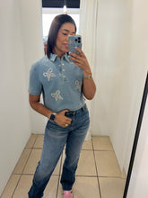 Load image into Gallery viewer, Rhinestone ribbon detail denim top
