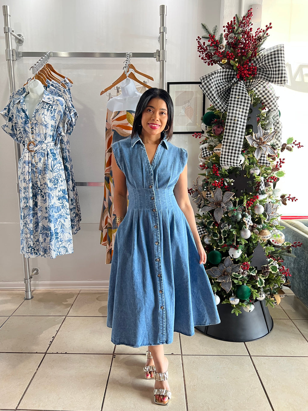 Medium indigo denim midi dress