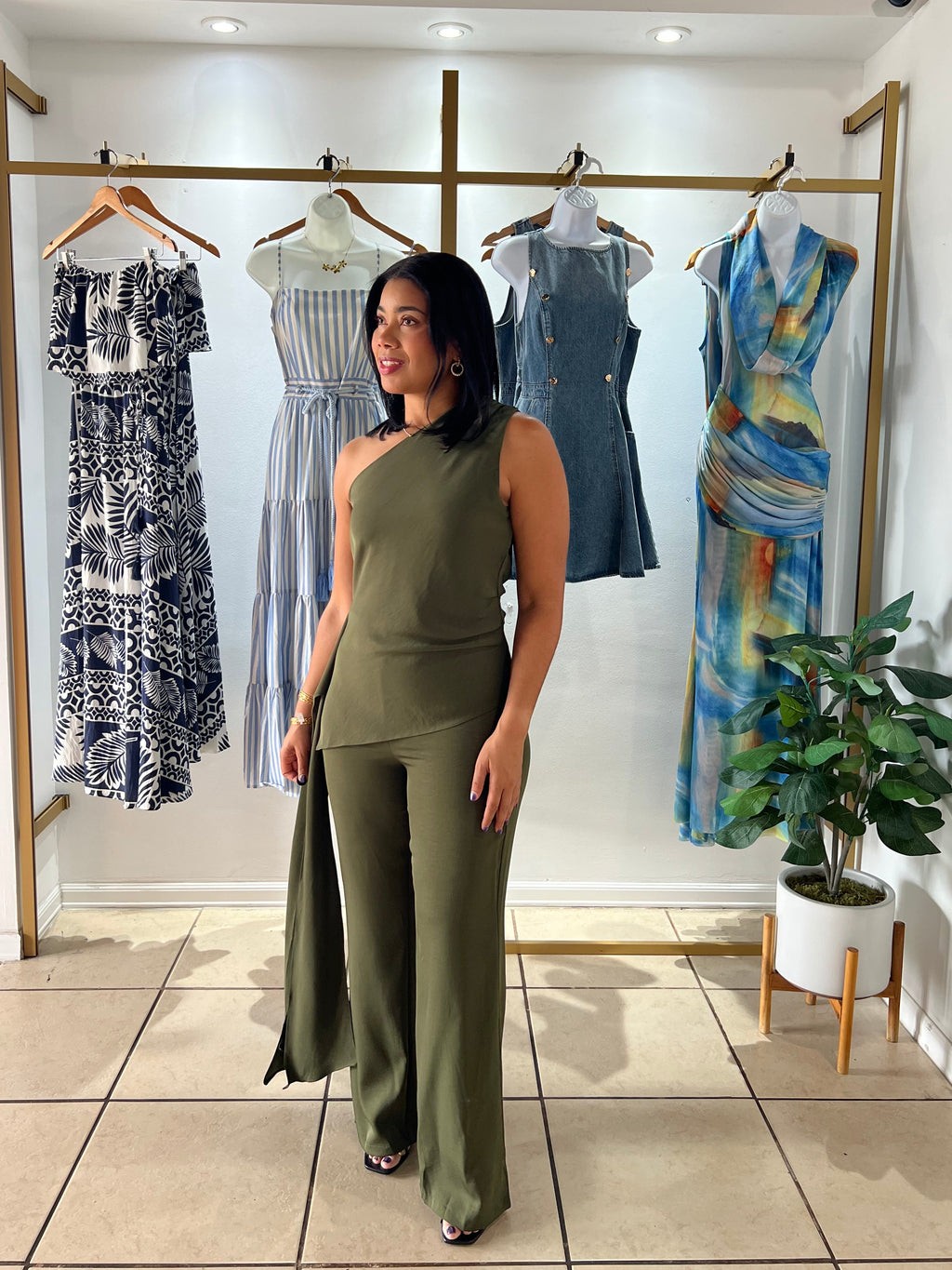 Olive One Shoulder Draped Jumpsuit