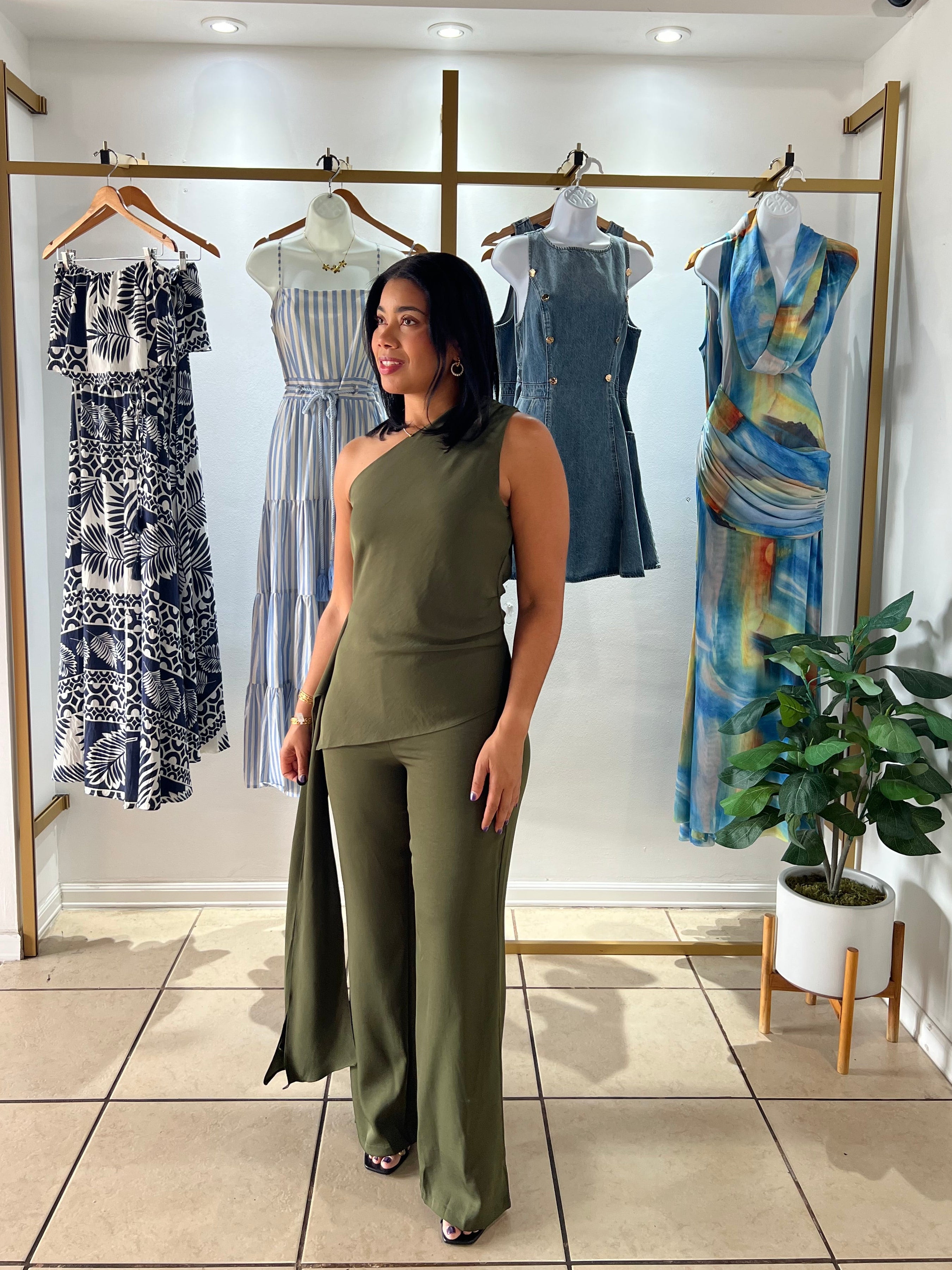 Olive One Shoulder Draped Jumpsuit