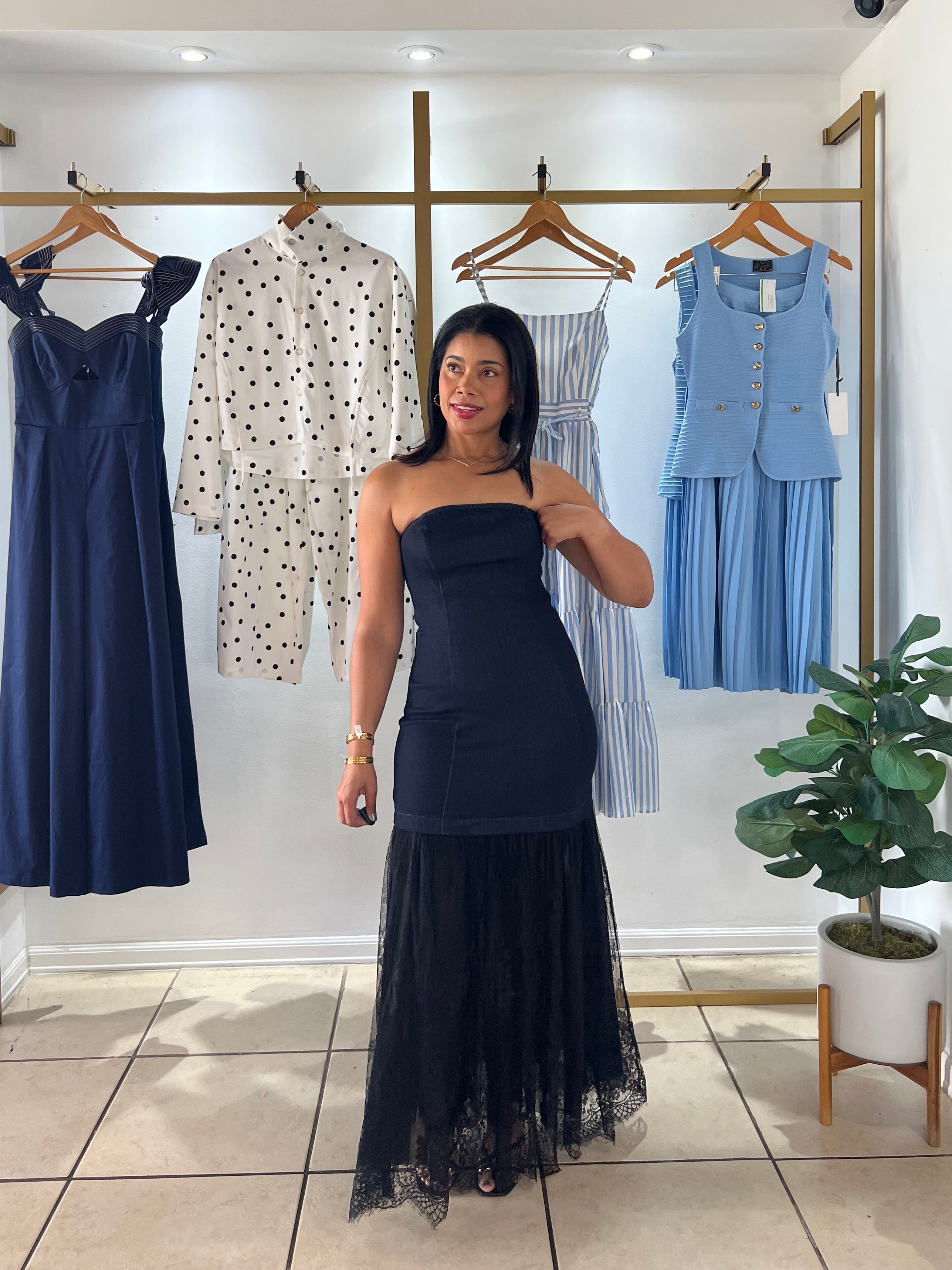 Dark Indigo Denim and Lace Combination Maxi Dress